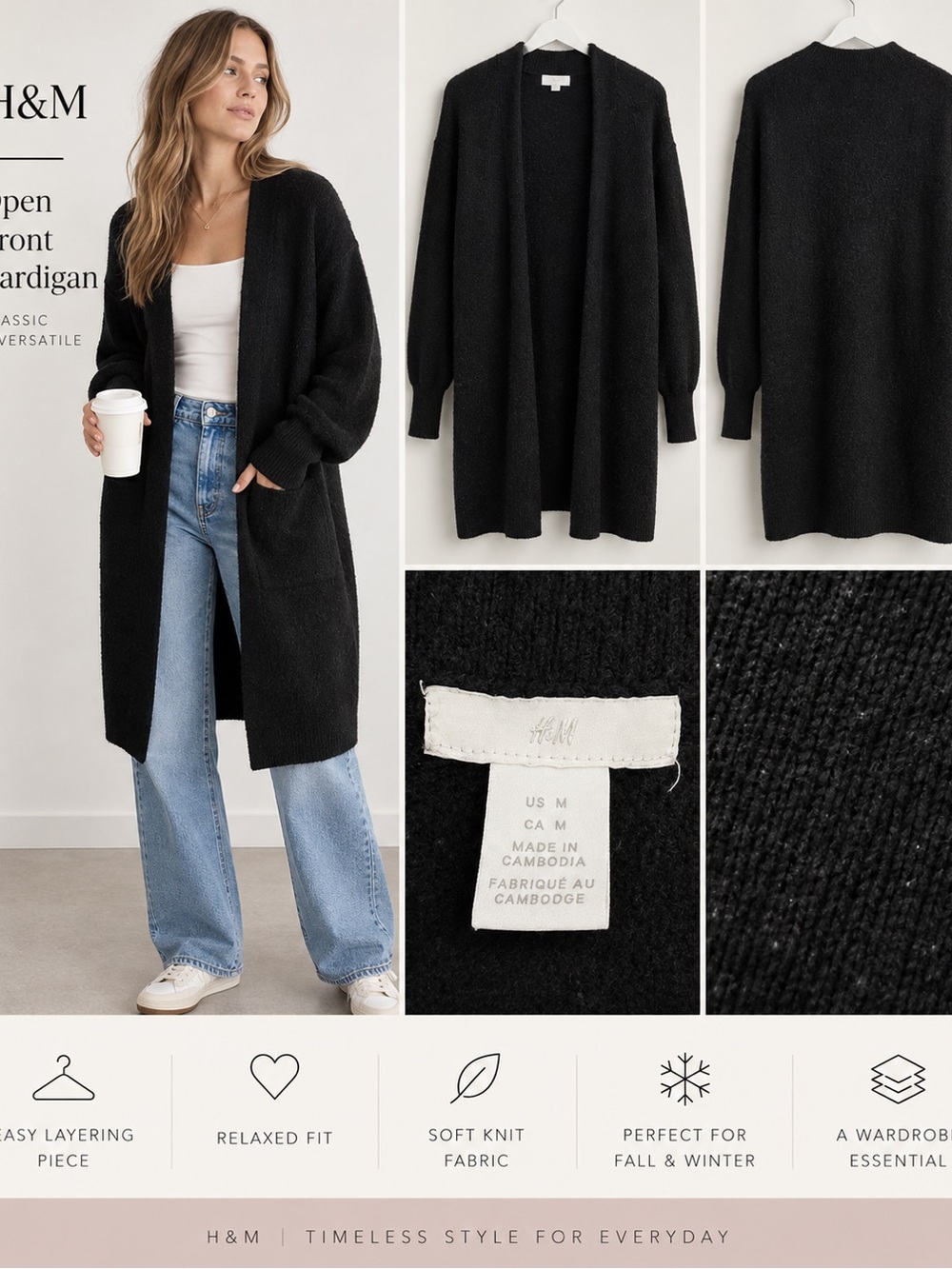 H&M Black Longline Open-Front Cardigan – Size M